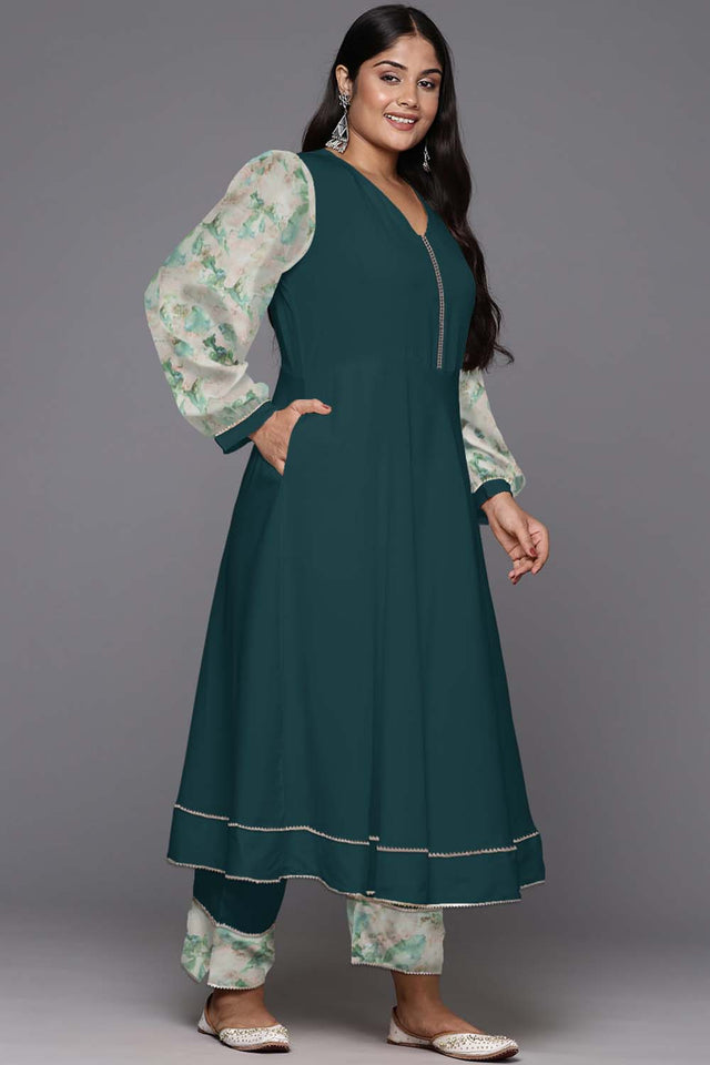 Green Solid Crepe Kurti Pant Set (ACZ6371)