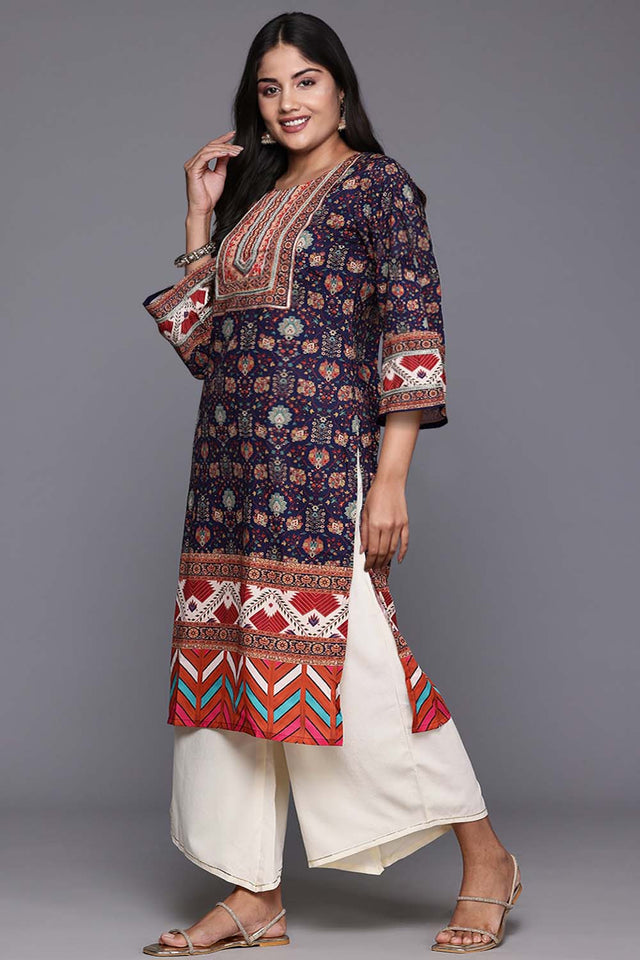 Navy Blue Printeded Crepe Kurti Palazzo Set (ACZ6374)