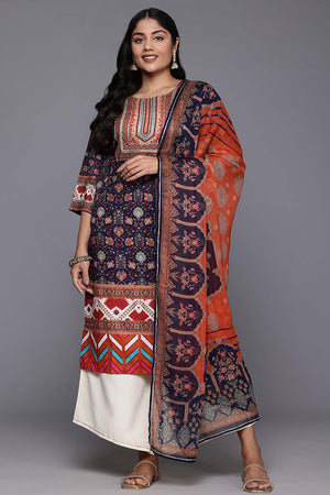 Navy Blue Printeded Crepe Kurti Palazzo Set (ACZ6374)