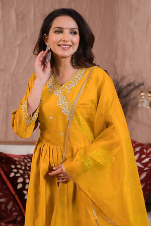 Yellow Embroidered Chanderi Anarkali Suit Set (ACZ6387)