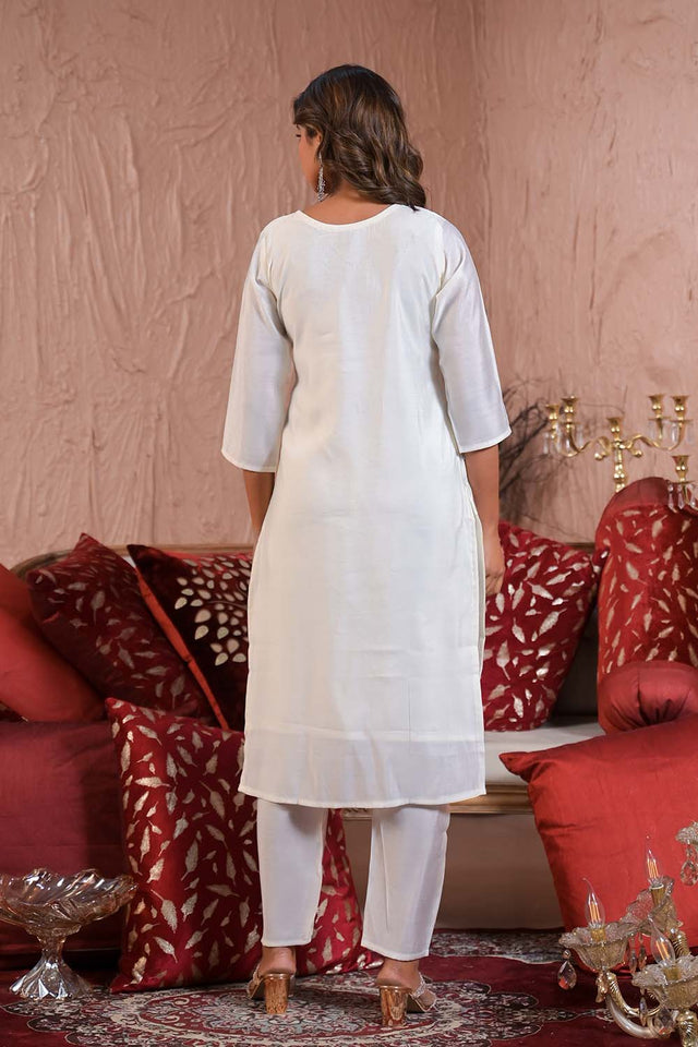 White Solid Chanderi Kurti Pant Set