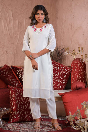 White Solid Chanderi Kurti Pant Set