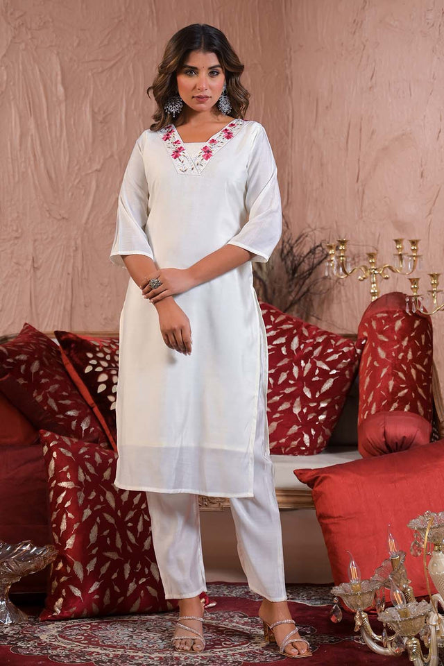 White Solid Chanderi Kurti Pant Set