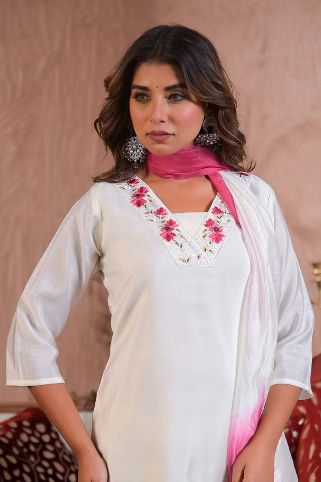 White Solid Chanderi Kurti Pant Set