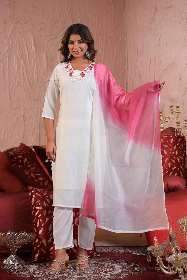 White Solid Chanderi Kurti Pant Set