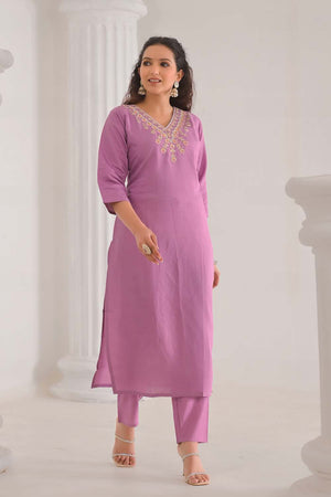 Pink Solid Chanderi Kurti Pant Set (ACZ6390)