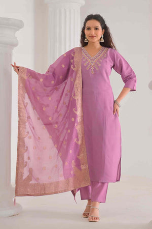 Pink Solid Chanderi Kurti Pant Set (ACZ6390)