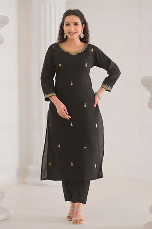 Black Embroidered Chanderi Kurti Pant Set