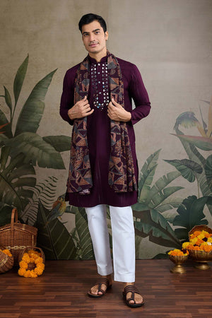 Purple Solid Viscose Men's Kurta with Dupatta (ACZ6396)