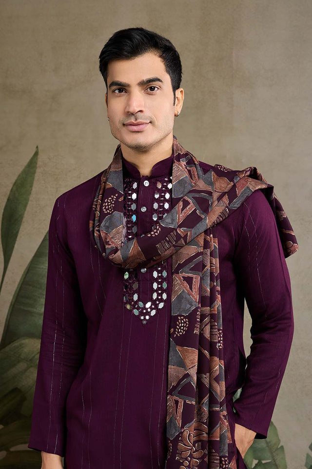 Purple Solid Viscose Men's Kurta with Dupatta (ACZ6396)