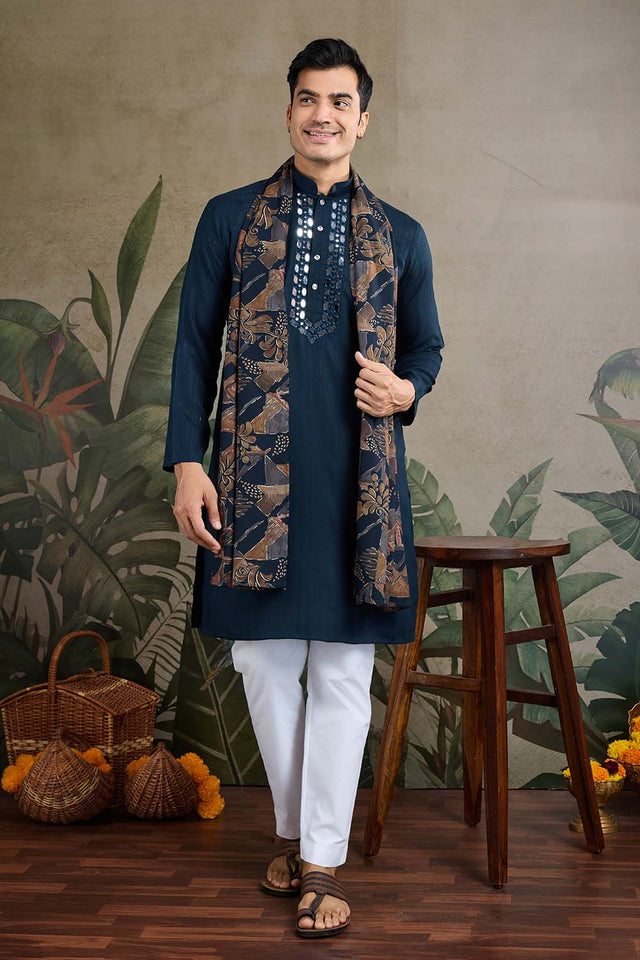 Turquoise Solid Viscose Men's Kurta with Dupatta (ACZ6397)