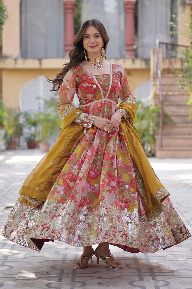 Red Floral Printed Silk Anarkali Suit Set (ACZ6498)