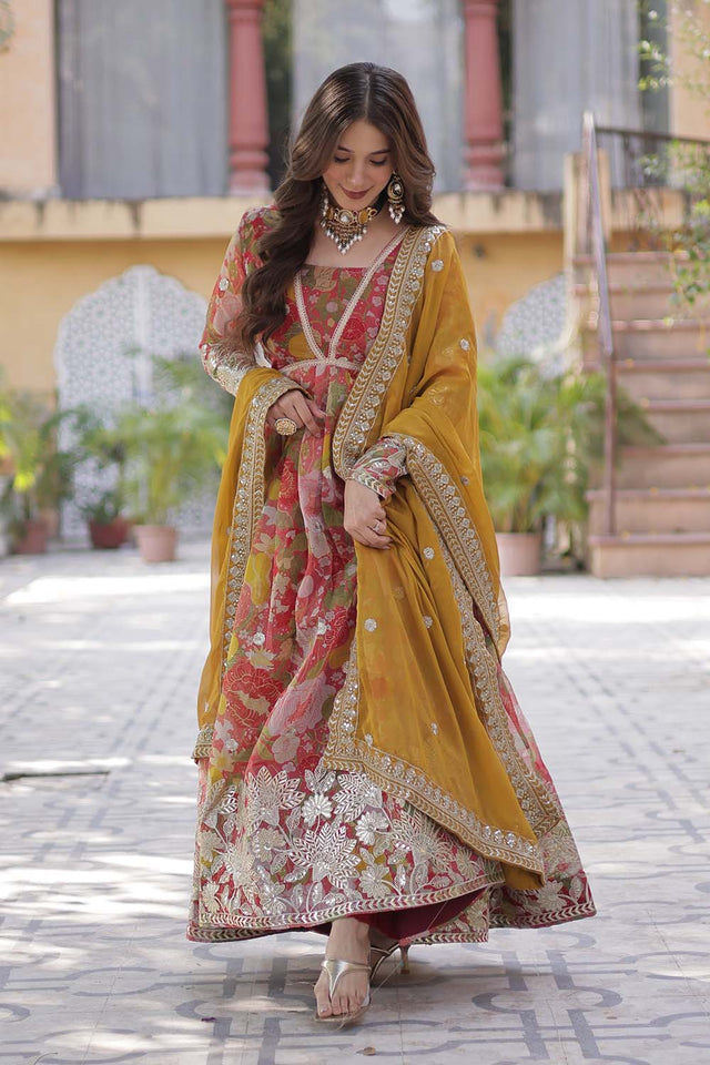 Red Floral Printed Silk Anarkali Suit Set (ACZ6498)