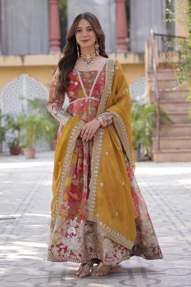Red Floral Printed Silk Anarkali Suit Set (ACZ6498)
