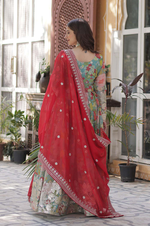 Blue Floral Printed Silk Anarkali Suit Set (ACZ6499)
