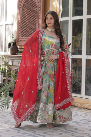 Blue Floral Printed Silk Anarkali Suit Set (ACZ6499)