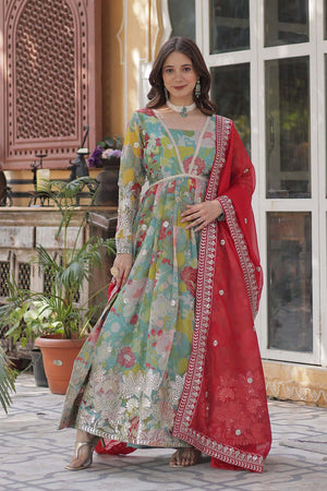 Blue Floral Printed Silk Anarkali Suit Set (ACZ6499)