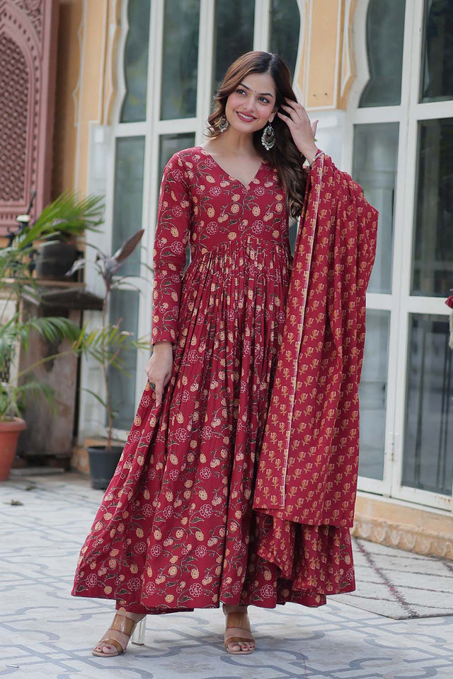 Maroon Floral Printed Cotton Anarkali Suit Set (ACZ6502)