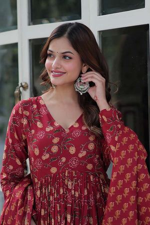 Maroon Floral Printed Cotton Anarkali Suit Set (ACZ6502)