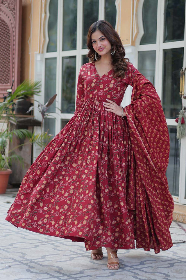 Maroon Floral Printed Cotton Anarkali Suit Set (ACZ6502)