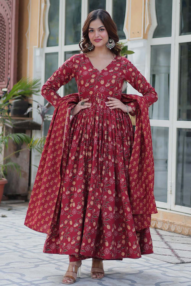 Maroon Floral Printed Cotton Anarkali Suit Set (ACZ6502)