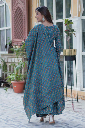 Turquoise Floral Printed Cotton Anarkali Suit Set (ACZ6503)
