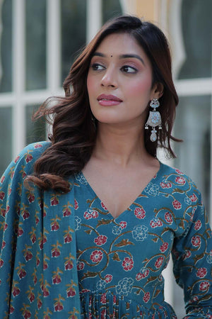 Turquoise Floral Printed Cotton Anarkali Suit Set (ACZ6503)