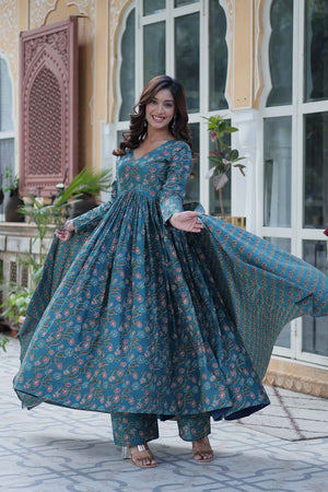Turquoise Floral Printed Cotton Anarkali Suit Set (ACZ6503)