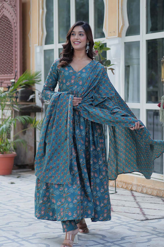 Turquoise Floral Printed Cotton Anarkali Suit Set (ACZ6503)
