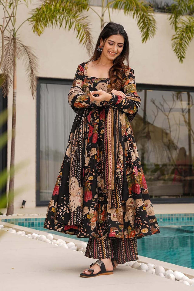Black Floral Printed Cotton Anarkali Suit Set