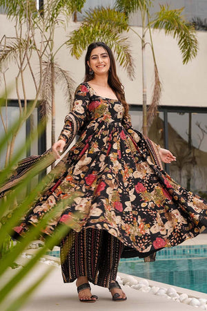 Black Floral Printed Cotton Anarkali Suit Set