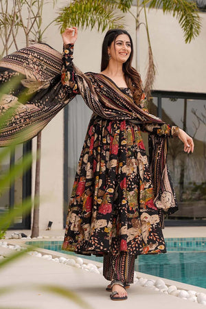 Black Floral Printed Cotton Anarkali Suit Set