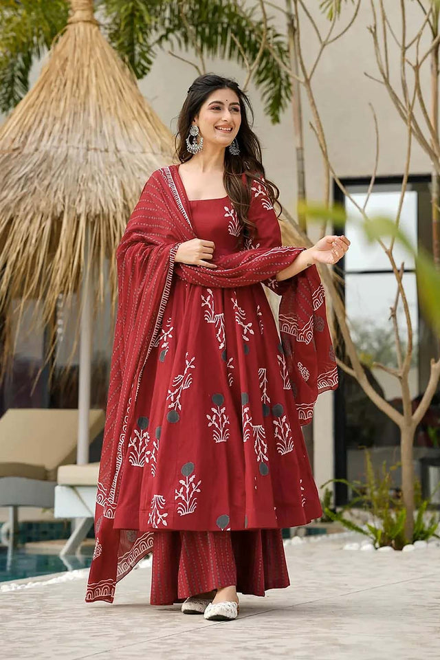 Red Floral Printed Cotton Anarkali Suit Set