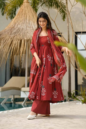 Red Floral Printed Cotton Anarkali Suit Set