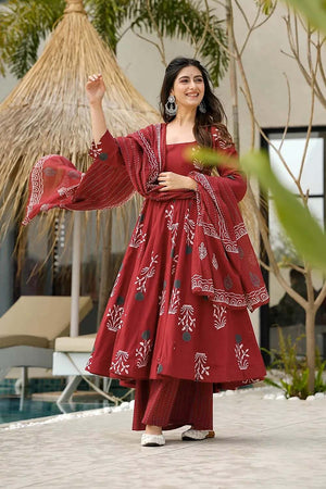 Red Floral Printed Cotton Anarkali Suit Set