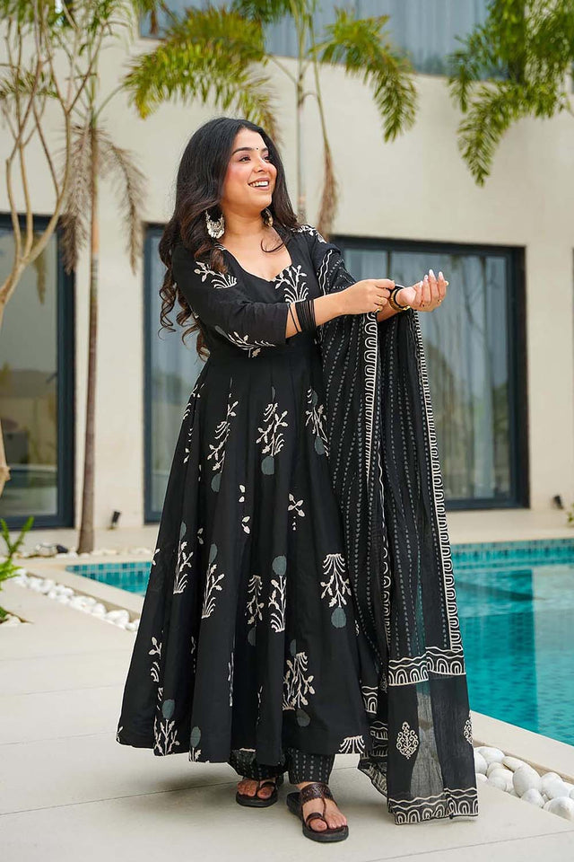 Black Floral Printed Cotton Anarkali Suit Set