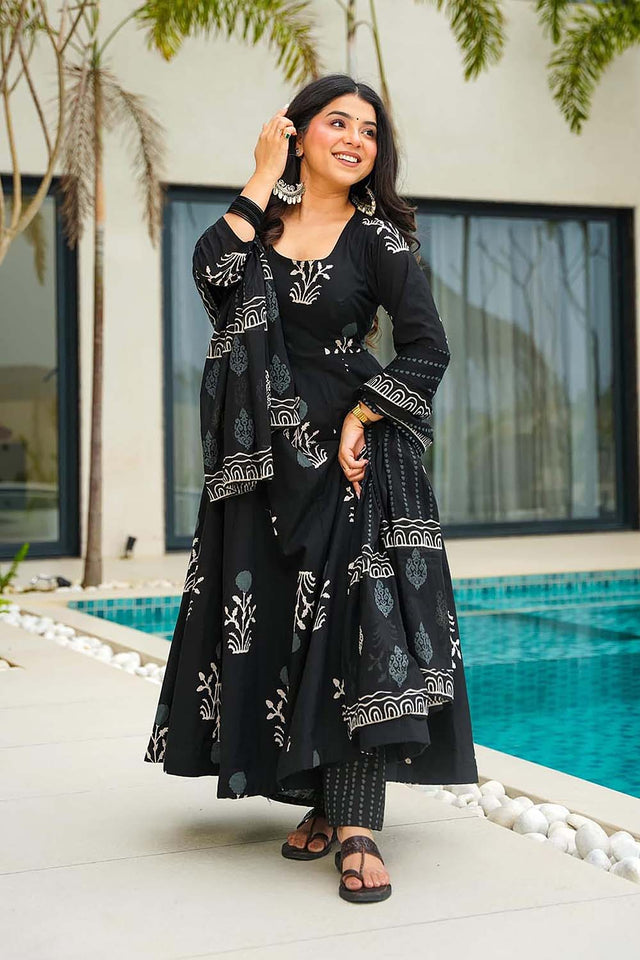 Black Floral Printed Cotton Anarkali Suit Set