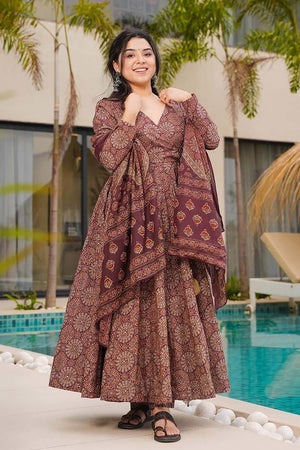 Brown Floral Printed Cotton Anarkali Suit Set