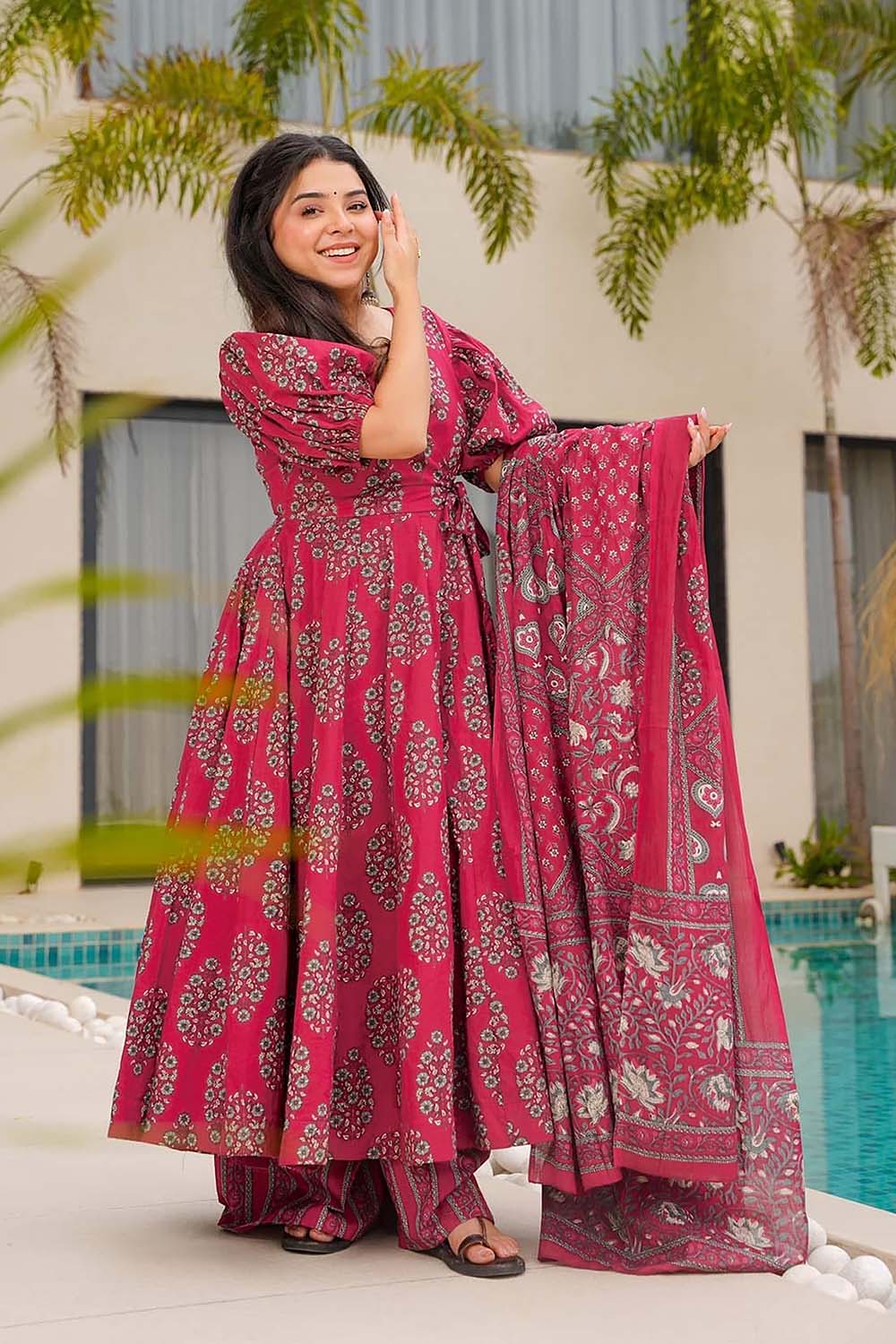 Pink Floral Printed Cotton Anarkali Suit Set (ACZ6542) - XS Pink Floral Printed Cotton Anarkali Suit Set (ACZ6542) - XS
