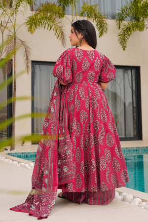 Pink Floral Printed Cotton Anarkali Suit Set