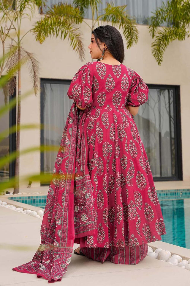 Pink Floral Printed Cotton Anarkali Suit Set