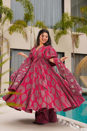 Pink Floral Printed Cotton Anarkali Suit Set