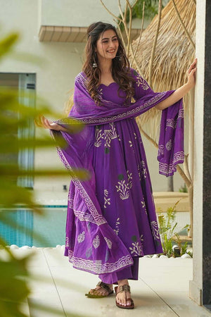 Purple Floral Printed Cotton Anarkali Suit Set