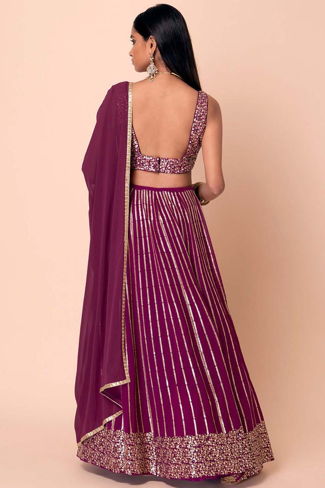Wine Sequin Georgette Lehenga