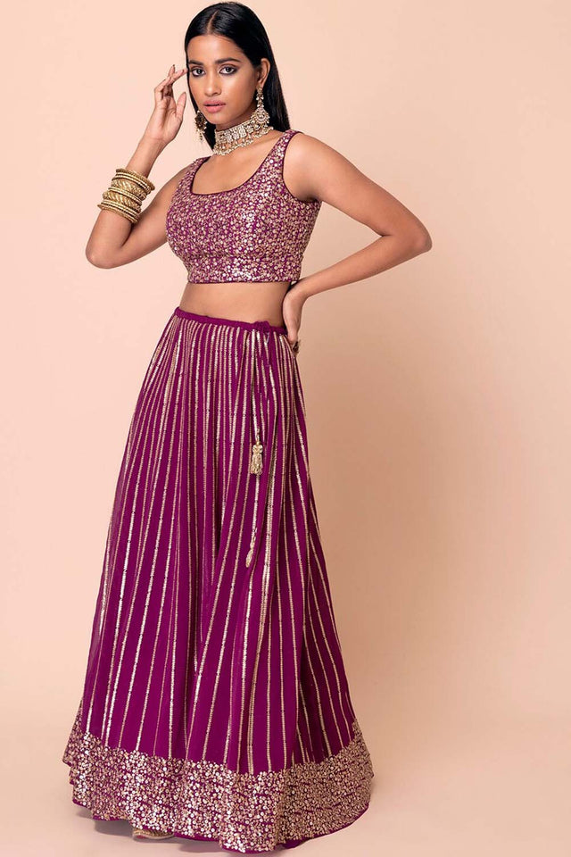 Wine Sequin Georgette Lehenga