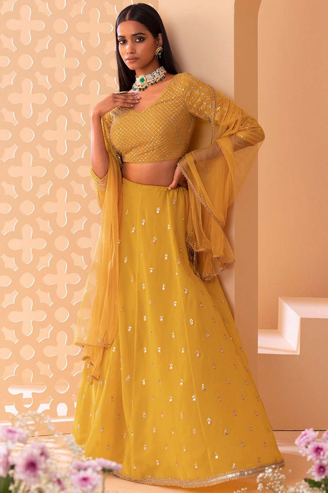 Yellow Sequin Georgette Lehenga