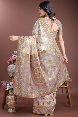 Brown Jacquard Woven Linen Cotton Saree