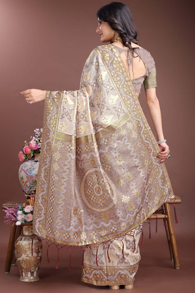 Brown Jacquard Woven Linen Cotton Saree
