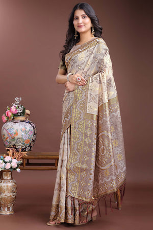 Brown Jacquard Woven Linen Cotton Saree