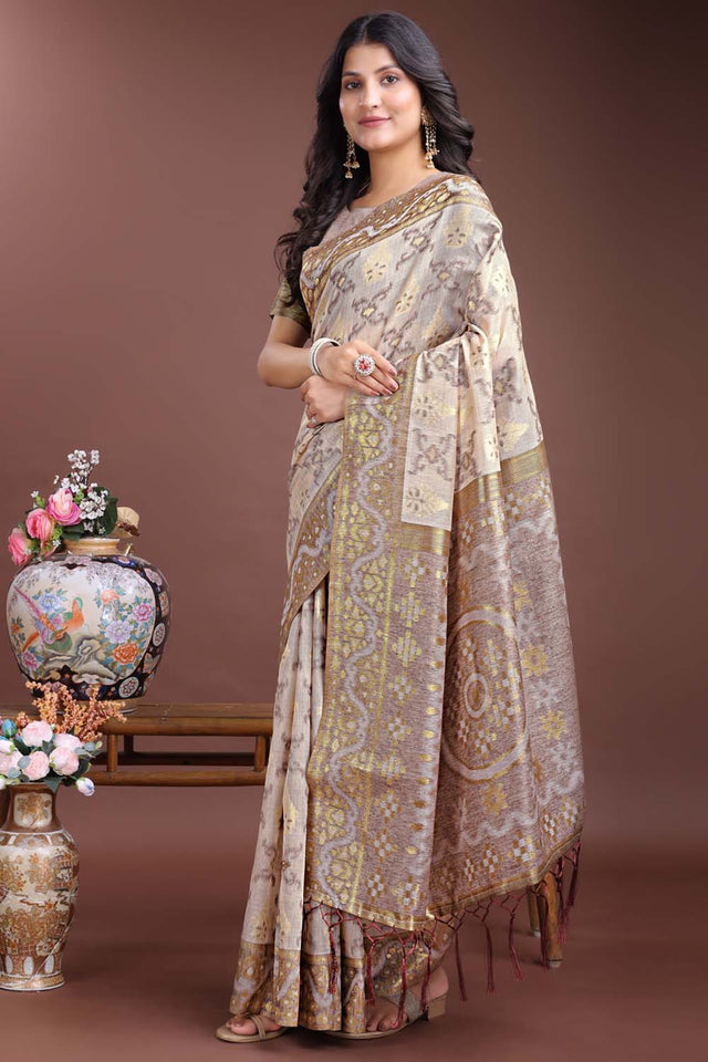 Brown Jacquard Woven Linen Cotton Saree
